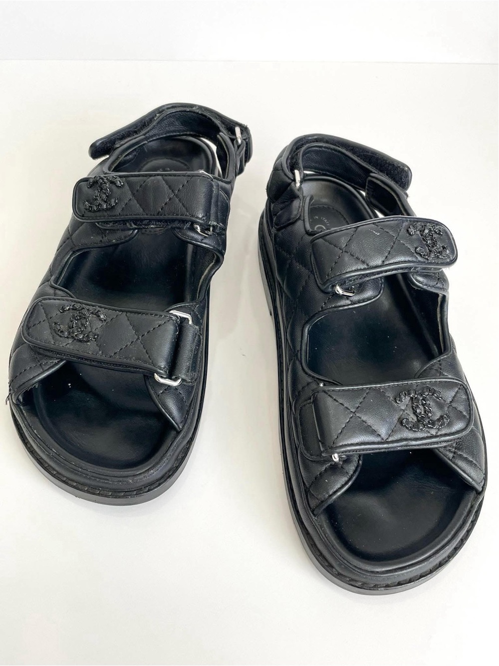 CHANEL Black Quilted Leather Velcro Strap Sandals